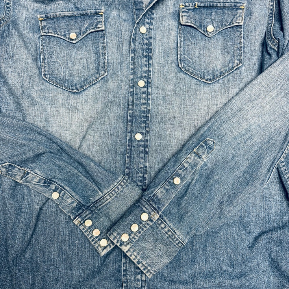 Ralph Lauren Purple Label Denim Western Shirt Large Blue Faded Wash Pearl Snap - Picture 6 of 11